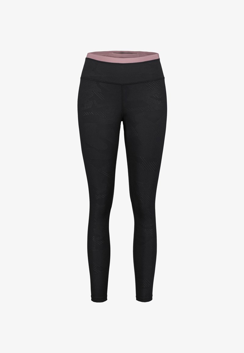 Svarta leggings med en texturerad design och hög svart midja, med en rosa accent upptill. Tillverkade av elastiskt tyg.