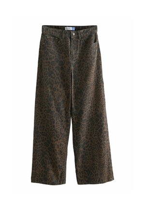 Weite Hose aus braunem Baumwollstoff mit einem schwarzen Leopardenmuster, ausgestattet mit einem Knopfverschluss und frontalen Taschen.