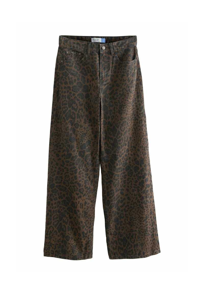Weite Hose aus braunem Baumwollstoff mit einem schwarzen Leopardenmuster, ausgestattet mit einem Knopfverschluss und frontalen Taschen.