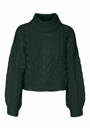 Dunkelgrüner Kabelstrickpullover mit hohem Rollkragen, verkürztem Schnitt und voluminösen, langen Ärmeln. Verfügt über ein strukturiertes Maschenmuster.