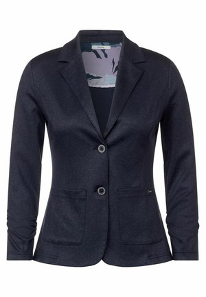 Blazer di un blu scuro realizzato in tessuto testurizzato, con colletto a revers, due tasche frontali e due chiusure a bottone con dettagli decorativi.