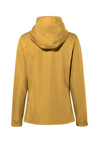 Yellow waterproof jacket featuring a hood, elastic cuffs, and a smooth texture with a simple design. Back view shows no visible closures.