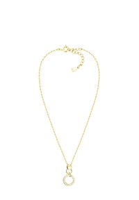Goldfarbener Halsreif mit einer zarten Kette und einem runden Anhänger mit Strass-Akzenten. Inklusive Karabinerverschluss und Verlängerungsl links.