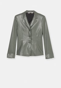 Blazer cintré en cuir gris avec revers crantés et trois boutons à l'avant, présenté à plat sur fond blanc.