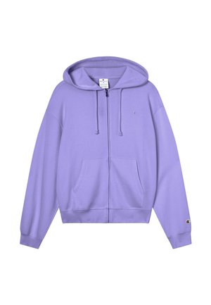 Lavendelfarbener Kapuzenpullover mit Reißverschluss, Fronttaschen, Kordelzug an der Kapuze und kleinem Champion-Logo auf der Brust und am linken Ärmelbündchen.