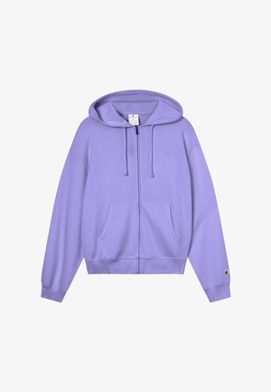 Lavendelfarbener Kapuzenpullover mit Reißverschluss, Fronttaschen, Kordelzug an der Kapuze und kleinem Champion-Logo auf der Brust und am linken Ärmelbündchen.