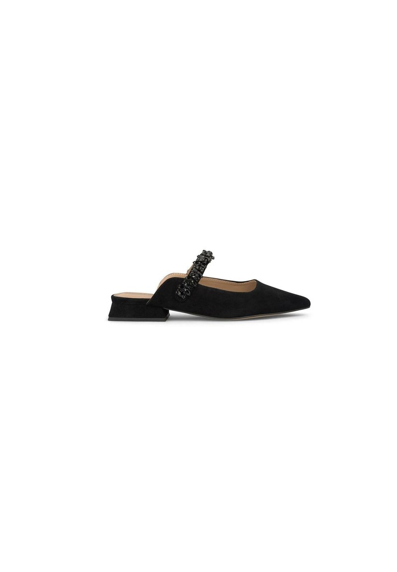 Mule in suede nero con punta affilata e tacco basso a blocco. Presenta una fascia decorativa con dettagli testurizzati. Design minimalista, finitura liscia.