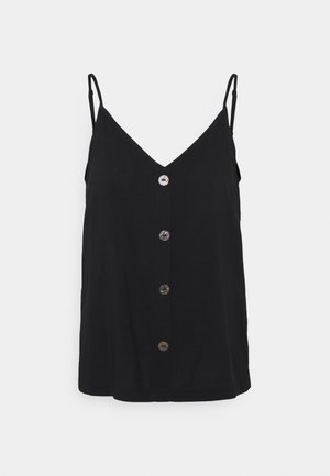 Haut sans manches noir avec un décolleté en V, comportant cinq boutons centraux, fabriqué en tissu doux avec une texture lisse.