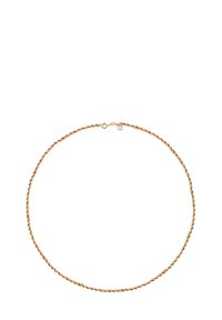 Złoty naszyjnik z skręconego łańcuszka, z zapięciem na lobster, gładką fakturą i wyrafinowanym, okrągłym kształtem. Długość odpowiednia do stylu chokera.