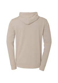 Felpa beige con cappuccio regolabile, maniche lunghe e una texture di tessuto liscia. Nessun logo o motivo visibile. Vista posteriore mostrata.