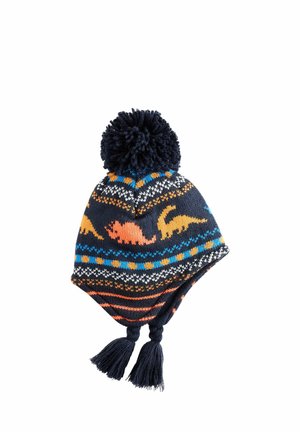 Strickmütze in Marineblau mit einem Pompon und Ohrenklappen. Sie verfügt über farbenfrohe Dinosaurier-Muster in Orange und Pink sowie mehrfarbige strukturierte Akzente.