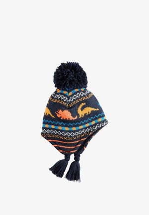 Bonnet en laine bleu marine avec un pompon et des rabats pour les oreilles. Présente des motifs de dinosaures colorés en orange et rose, avec des accents texturés multicolores.