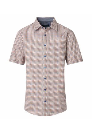 Kurzärmeliges Hemd mit kleinem geometrischem Muster in Orange, Blau und Weiß, mit dunkelblauen Knöpfen und klassischem Kragen.