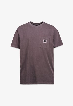 Krótki rękaw, wyblakła fioletowa bawełniana koszulka z okrągłym dekoltem i kieszonką na lewej piersi z białą grafiką słonia.