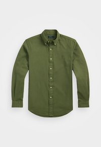 Zelená košile na knoflíky vyrobená z bavlny. Obsahuje klasický límeček, dlouhé rukávy a malé vyšívané logo na hrudi.