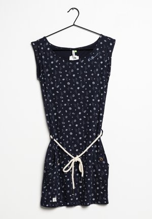 Navy Baumwollkleid mit weißen Himmelsmustern, rundem Ausschnitt, kurzen Ärmeln und einem gebundenen Seilgürtel. Inklusive zwei Seitentaschen.