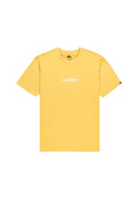 Žiarivo žlté tričko s krátkym rukávom Quiksilver s okrúhlym výstrihom a bielym logom umiestneným na hrudi.
