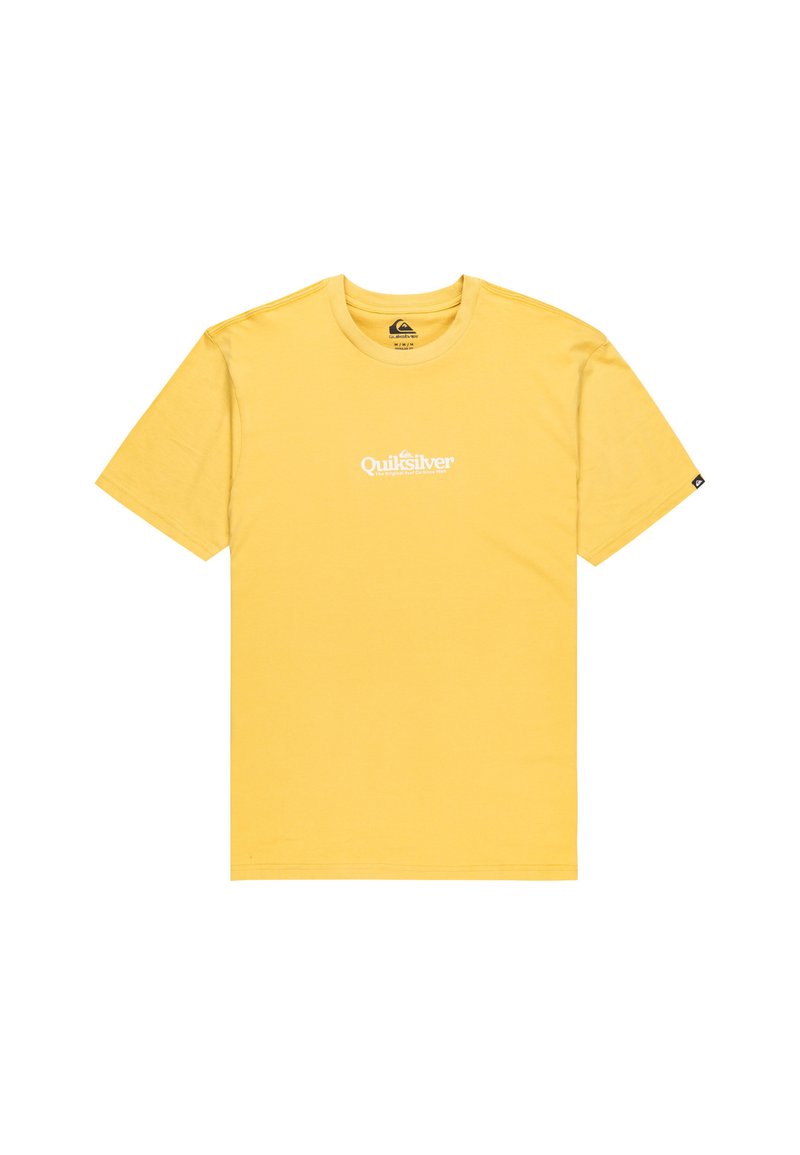 Žiarivo žlté tričko s krátkym rukávom Quiksilver s okrúhlym výstrihom a bielym logom umiestneným na hrudi.