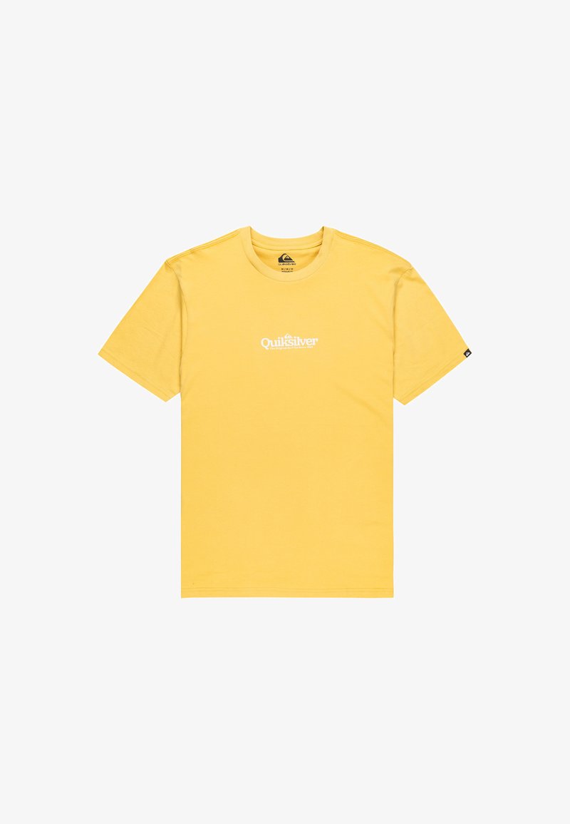 Camiseta de manga corta Quiksilver en amarillo brillante con cuello redondo y texto del logo en blanco centrado en el pecho.