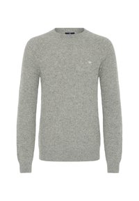 Svetlo sivi pleteni pulover z okroglim izrezom, rebrasto strukturo in dolgimi rokavi. Ima majhen logotip na levem prsnem delu.