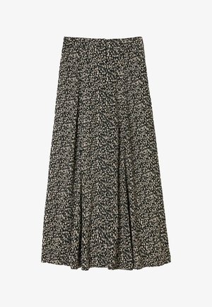 Plisēta midi svārki ar melnu un krēmkrāsas abstraktu rakstu, ar pieguļošu jostu un plūstošu auduma tekstūru.