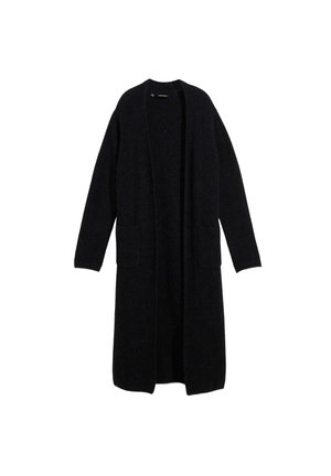 Long cardigan noir en tissu texturé, avec un devant ouvert, deux poches plaquées et des manches longues.