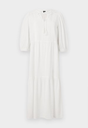 Vestido blanco hasta la rodilla con mangas abullonadas, escote redondo y detalle de lazo. Presenta una tela texturizada y volantes recogidos en el dobladillo.