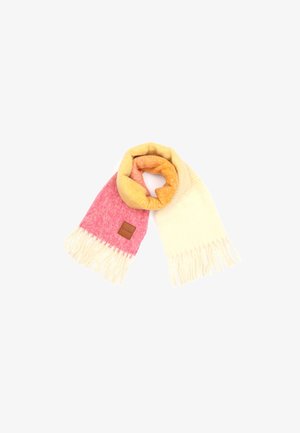 Écharpe tricotée présentant des couleurs rose, jaune et crème. Texture douce, extrémités frangées, avec un patch en cuir brun affichant le logo de la marque.