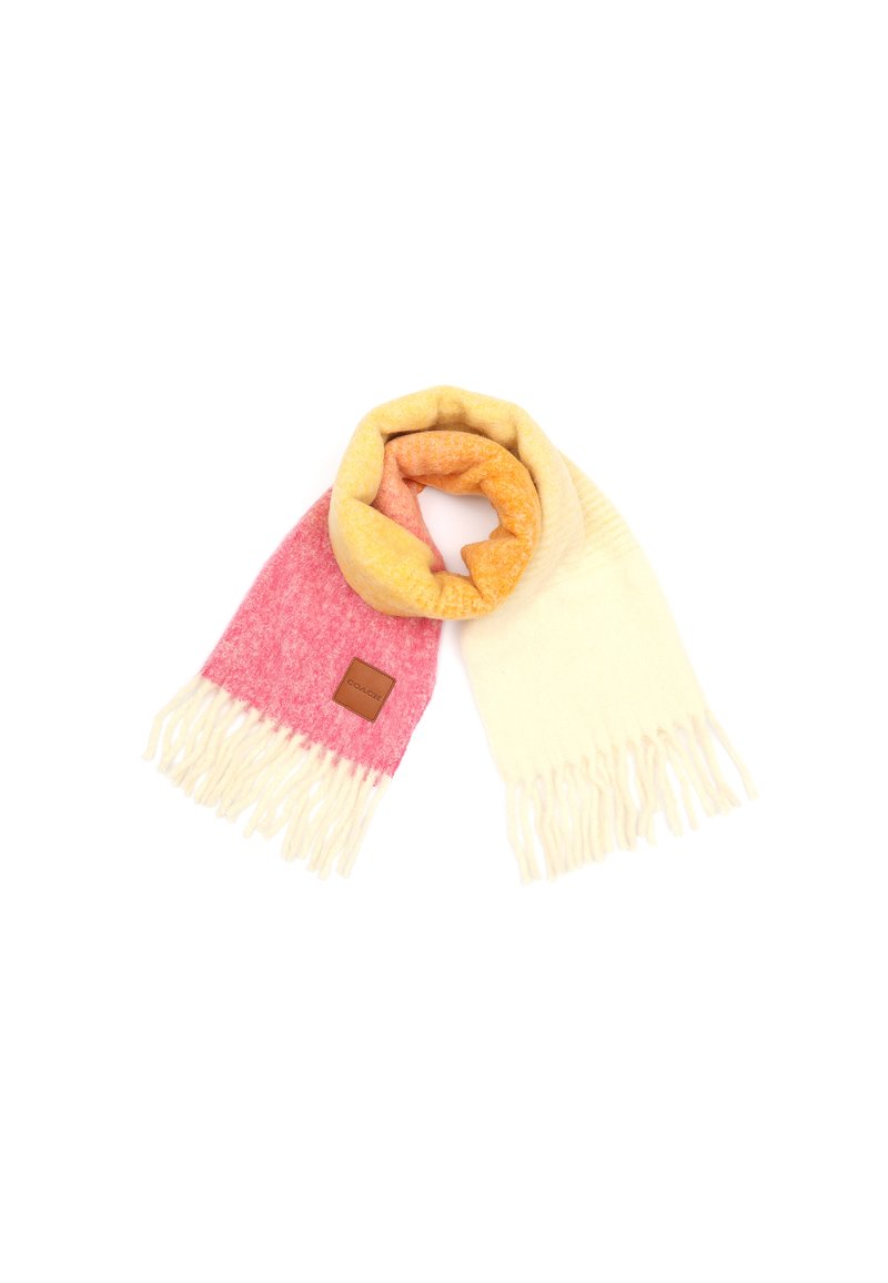 Gebreide sjaal met roze, gele en crème kleuren. Zachte textuur, met franjes aan de uiteinden en een bruine leren patch met het merkembleem.