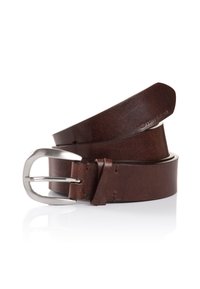 Ruskea nahkavyö, jossa on kiiltävä hope buckle. Sileä pinta, klassinen muotoilu ja näkyvät ompeleet reunoilla.