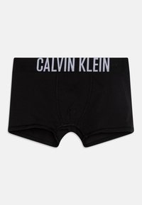 Zwarte katoenen boxershorts met een witte elastische tailleband met het "CALVIN KLEIN" logo; vlakke naden en een gevormde pouch-detail.