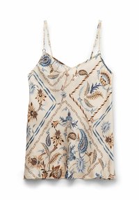 Mouwloze top in crèmekleurige stof met blauwe en bruine bloempatronen. Heeft dunne verstelbare bandjes en een V-hals ontwerp.