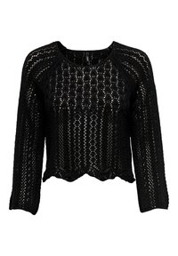 Schwarzer, kurzer Pullover mit einem strukturierten Strickmuster, langen Raglanärmeln und einem gewellten Saum. Hergestellt aus einem leichten, durchsichtigen Material.