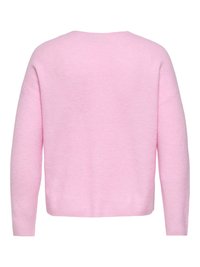 Pink knitted sweater with a round neckline, long sleeves, and a ribbed texture. Features a loose fit and solid color with no patterns.