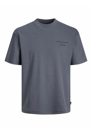 Grå bomulds-T-shirt med rund halsudskæring og korte ærmer. Har minimalistisk sort tekst på fronten. Lige kant forneden.