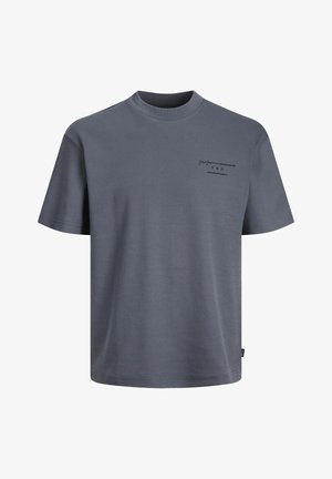 Graues Baumwoll-T-Shirt mit rundem Ausschnitt und kurzen Ärmeln. Auf der Vorderseite minimalistischer schwarzer Text. Gerader Saum unten.