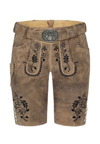 Pantalones cortos de cuero marrón, estilo lederhosen, con diseños florales bordados en azul oscuro. Presenta una hebilla decorativa de metal y un bolsillo lateral con botones.