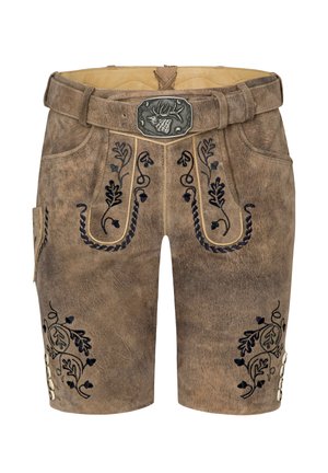 Pantalones cortos de cuero marrón, estilo lederhosen, con diseños florales bordados en azul oscuro. Presenta una hebilla decorativa de metal y un bolsillo lateral con botones.
