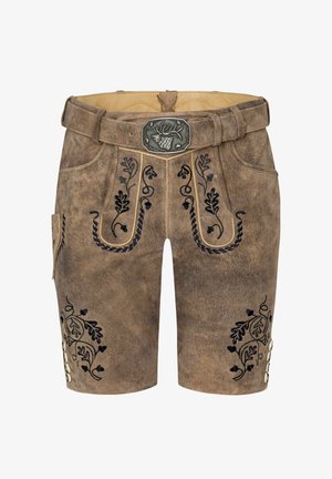 Bruine leren lederhosen shorts met geborduurde bloemenpatronen in donkerblauw. Voorzien van een decoratieve metalen gesp en een zijzak met knopen.