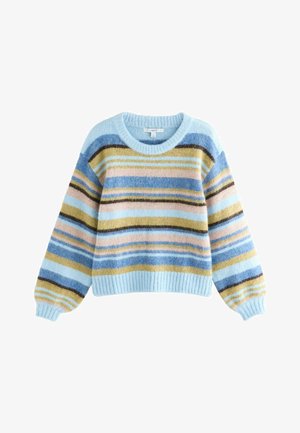 Colorful striped sweater featuring fuzzy texture, round neck, and ribbed cuffs. Stripes in blue, yellow, brown, and pink on a light blue base.