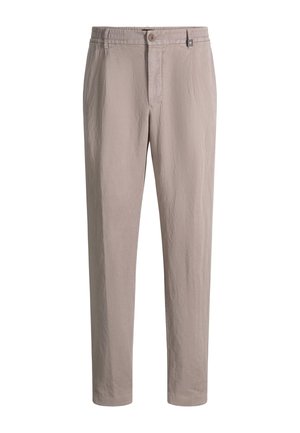 Beige Freizeithose mit elastischem Bund, Knopfverschluss und geraden Beinen, vor weißem Hintergrund präsentiert.