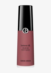 Giorgio Armani Luminous Silk Cheek Tint i en rund glassflaske med en matt rosafarge og et glossy svart lokk med en sølvfarget logo.