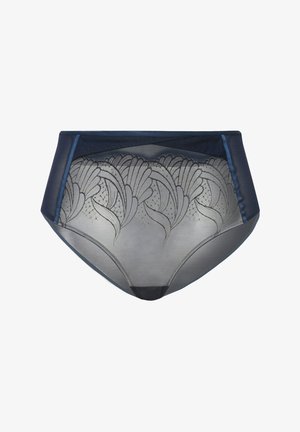 Culotte taille haute bleu marine avec des côtés transparents et des motifs de feuilles brodés complexes en gris. Texture lisse et taille élastique.