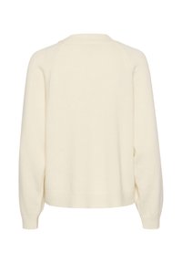 Cream-colored sweater, knitted with a soft texture. Features a round neckline, long raglan sleeves, and ribbed hem and cuffs.