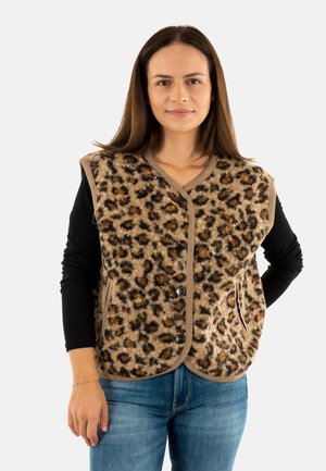Gilet imprimé léopard en beige et noir, fabriqué en tissu doux, avec une fermeture à bouton et deux poches latérales, bordé de beige uni.