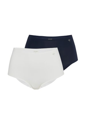 To par kvinders sømløse trusser med høj talje i sort og hvid, hver med et lille logo og størrelseslabel synligt ved linningen.