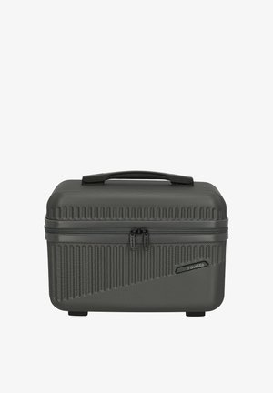 Étui rigide de transport en gris foncé, doté d'une surface texturée, de doubles zips et d'une poignée ergonomique. Forme compacte et rectangulaire.