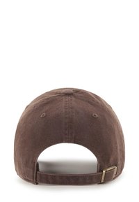 Brown adjustable baseball cap viewed from the back with a metal buckle strap and six-panel stitching.