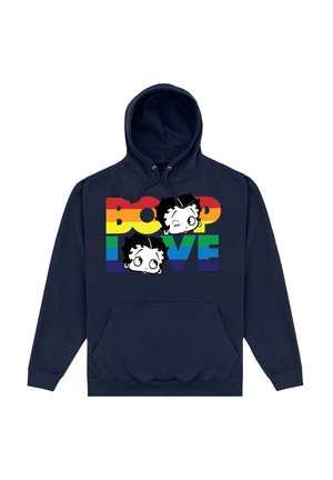 Granatowy hoodie z graficznym wzorem przedstawiającym dwie rysunkowe twarze na tęczowym tle z napisem "BOOP LOVE", wykonany z materiału mieszanki bawełny.