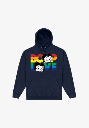 Námořnická mikina s grafickým designem dvou kreslených obličejů na duhovém pozadí a textem "BOOP LOVE", vyrobená z materiálu s příměsí bavlny.